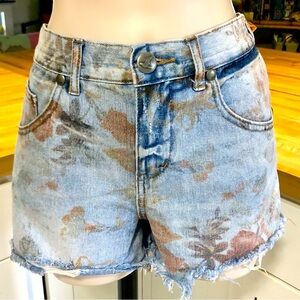 FREE PEOPLE Distressed High-Rise Floral Denim Jean Shorts 29